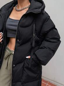 Dazy-Less Zip Up Hooded Padded Thick Pockets Coat, Winter Women Padded Coat