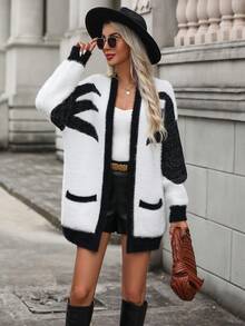 SHEIN Frenchy Graphic Pattern Drop Shoulder Fuzzy Duster Cardigan - Black - View 6