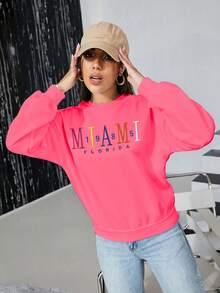 SHEIN Unity MIAM Miami FLORIDA 印花长袖运动衫 - 紅色 - 查看 5