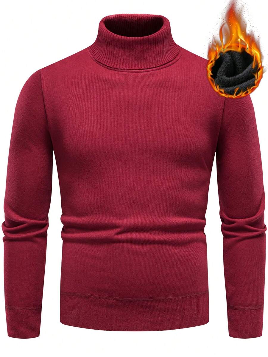 Manfinity Homme 男士素色高領加絨內裏套頭毛衣 - 酒紅色 - 查看 1