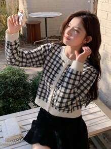 DAZY 格紋前排扣短款開衫 - 黑色 - 查看 4