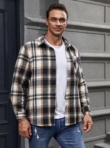 Manfinity Homme Men Plus Plaid Print Pocket Patched Overcoat