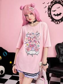 ROMWE Kawaii 卡通圖案落肩T恤 - 粉色 - 查看 6