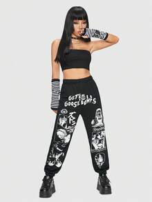 ROMWE Anime Figure & Letter Graphic Sweatpants - Black - View 5