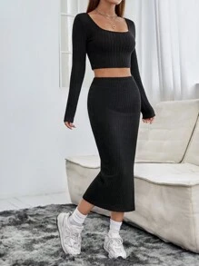 SHEIN PETITE Square Neck Crop Tee & Split Thigh Skirt - Black - View 5