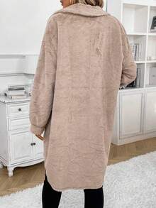 SHEIN Frenchy Drop Shoulder Flap Detail Teddy Coat - Apricot - View 2
