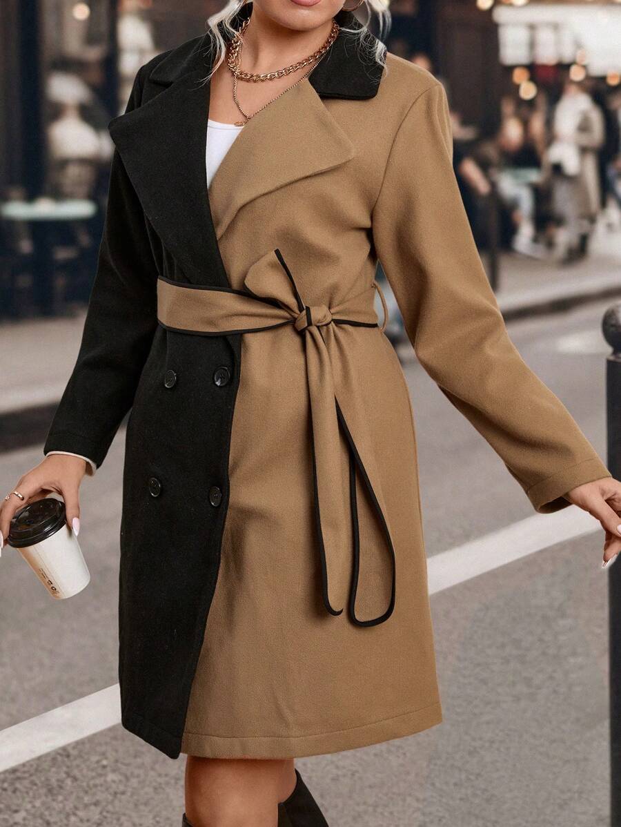 SHEIN Clasi 大碼雙色雙排釦腰帶花呢外套 - 彩色 - 查看 1