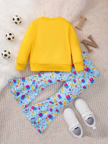 SHEIN 女小童卡通圖案運動衫&喇叭褲 - 黃色 - 查看 2