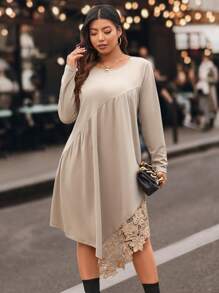 Calvaya Plus Contrast Lace Asymmetrical Hem Dress - Khaki - View 3
