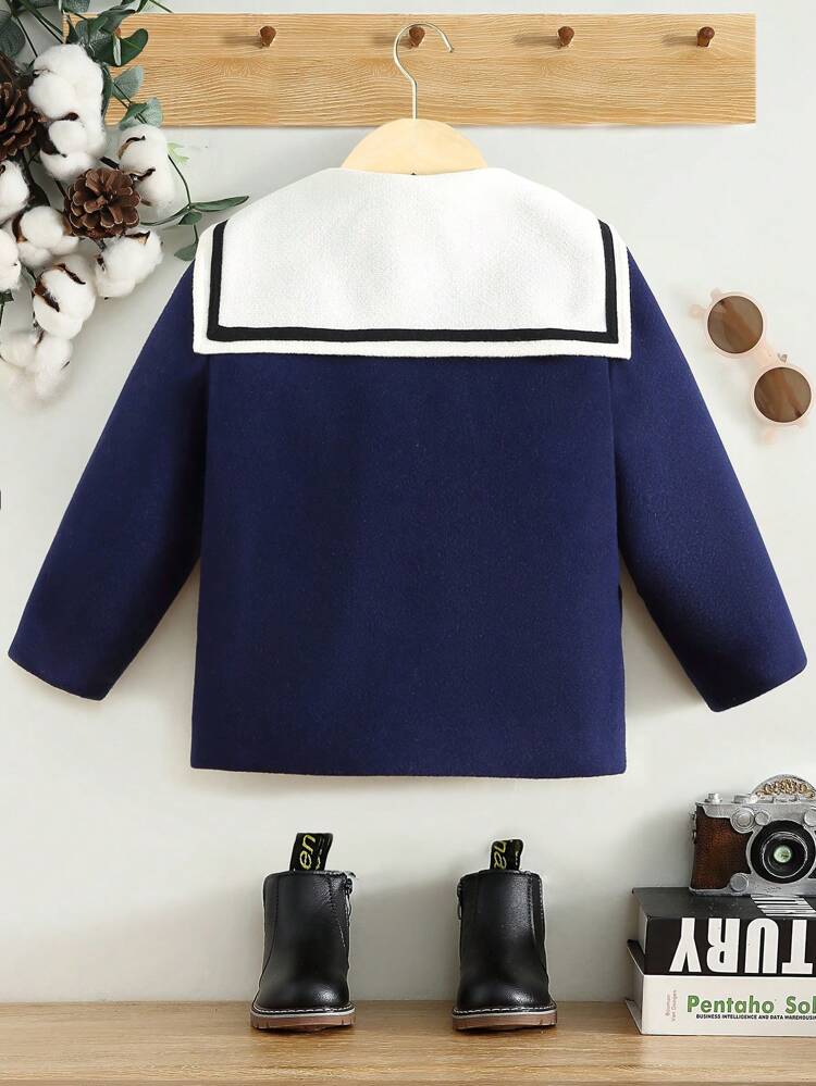 Young Boy 1pc Letter Patched Detail Double Breasted Sailor Collar Overcoat