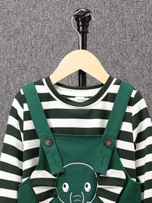 SHEIN 男小童條紋圖案T恤&卡通圖案背帶連身褲