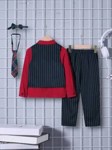 SHEIN 3pcs/Set Young Boy College Style Striped Vest, Shirt And Pants Set, Fleece Thickened