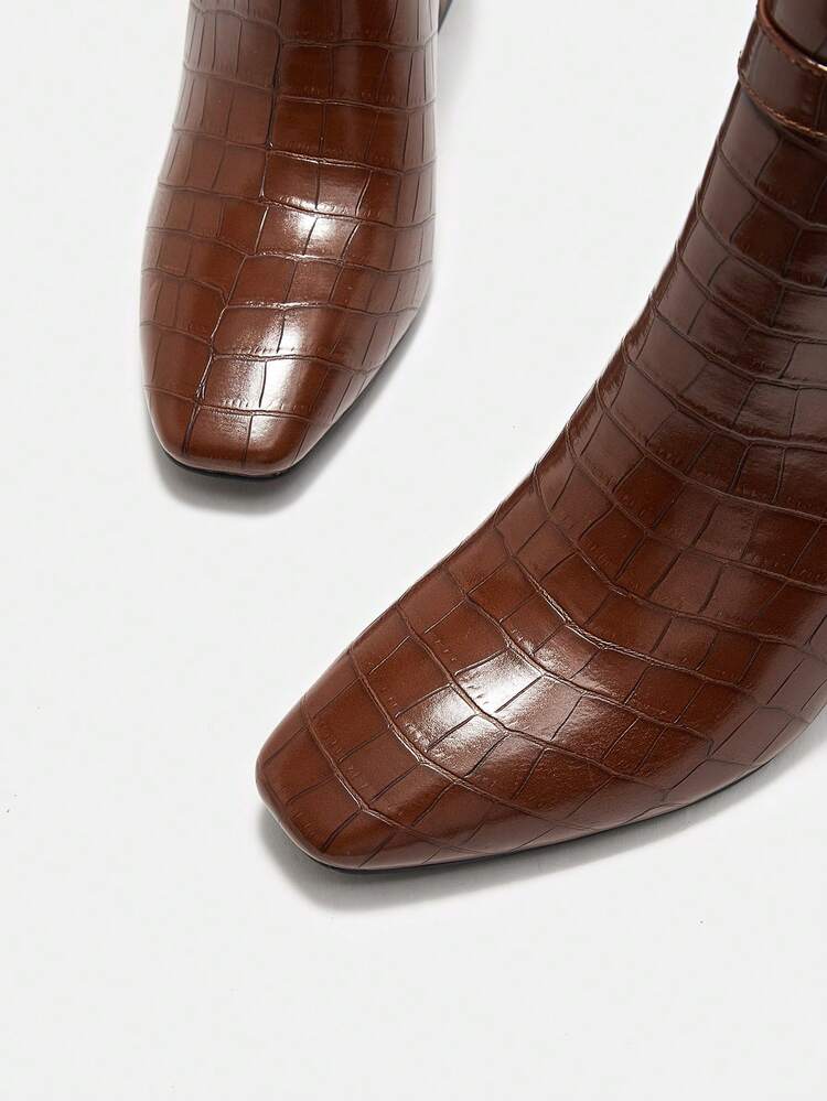 SheIn BIZ 時尚女性優雅短靴帶粗跟高跟鞋 - 棕色 - 查看 8