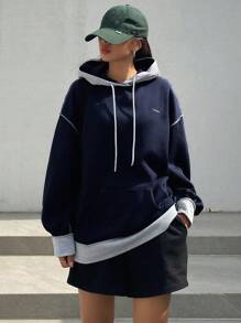 DAZY Slogan Graphic Contrast Trim Drop Shoulder Drawstring Hoodie,Long Sleeve Tops,Fall Women Clothes Sweatshirt - Navy Blue - View 4