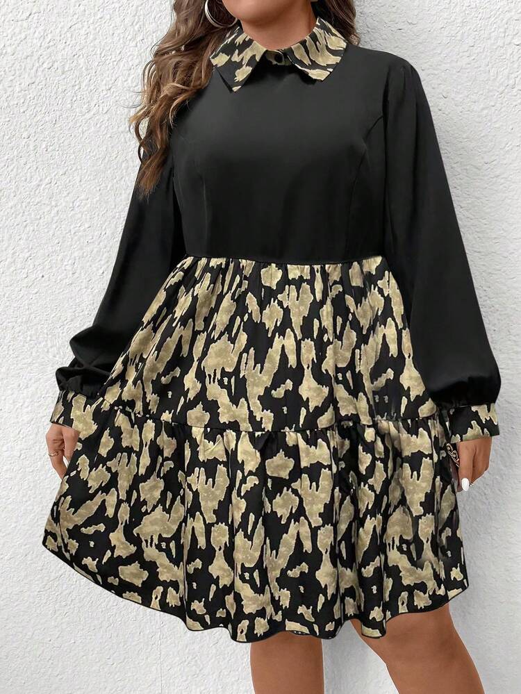 Plus Graphic Print Lantern Sleeve Dress