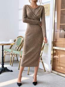 SHEIN Privé Chất rắn Viền chia cắt Buộc lại Đầm - Màu nâu  Mocha - Xem 3