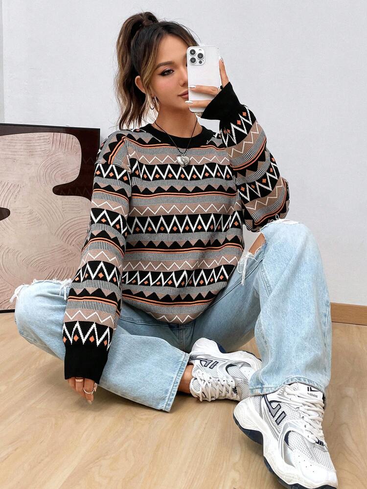 Geo Pattern Drop Shoulder Sweater