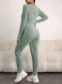 SHEIN Maternity Surplice Neck Belted Jumpsuit - Green - View 2