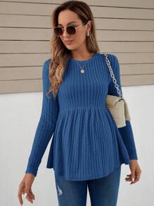 SHEIN Áo thun Peplum dệt kim gân cho bà bầu tay dài - Xanh đậm - Xem 3