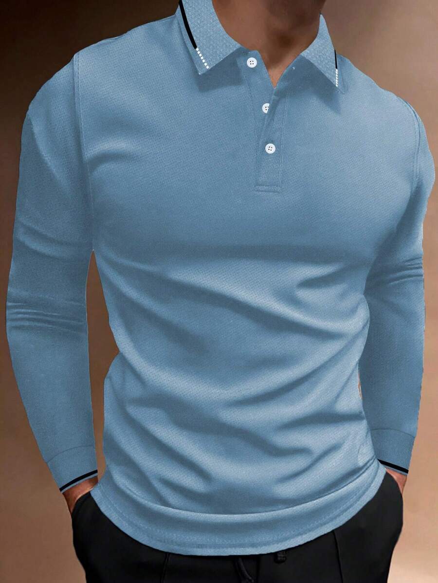 Manfinity Homme 男士拼接邊POLO衫 - 淺藍色 - 查看 1