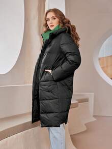 Astrid Plus Flap Pocket Hooded Padded Coat - Black - View 3