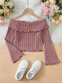 SHEIN Tween Girl Off Shoulder Lettuce Trim Ribbed Knit Tee - Dusty Pink - View 1