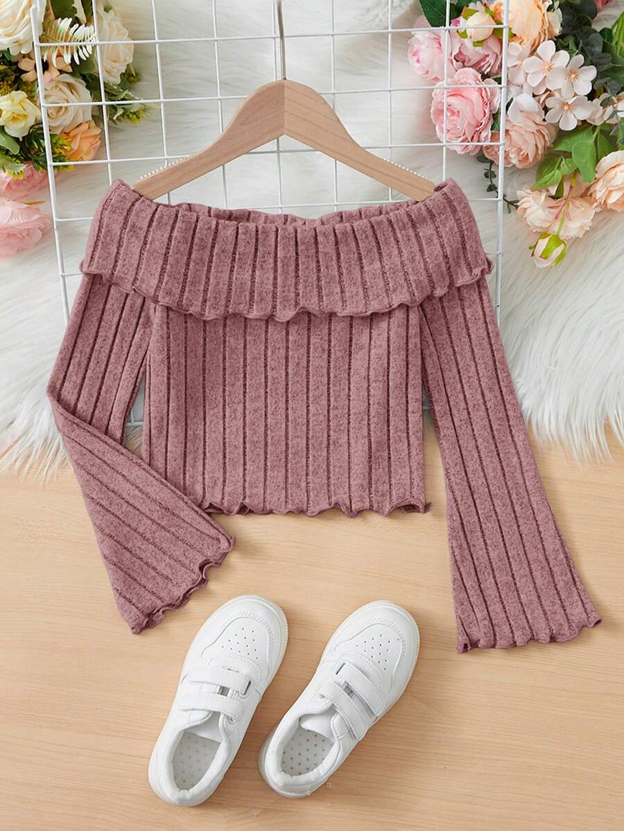 SHEIN Tween Girl Off Shoulder Lettuce Trim Ribbed Knit Tee - Dusty Pink - View 1