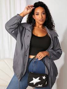 SHEIN CURVE+ Plus Solid Drawstring Hem Jacket - Black - View 5