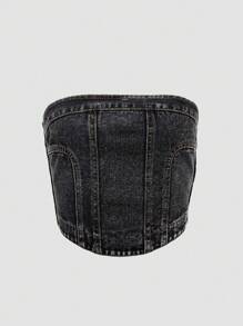Denimoi Seam Detail Denim Tube Crop Top - Black - View 6