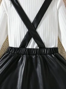 SHEIN Young Girl Solid Tee & Overall Dress - Black and White - View 4