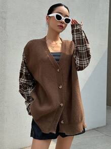 DAZY Hoa văn kẻ sọc Thả vai Nút phía trước Áo len Mở - màu nâu - Xem 7