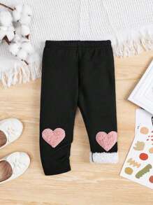 SHEIN Leap Crew Baby Girl Cute And Warm Plush Thermal Lined Leggings With Heart Patches For Valentine's Day - Black - View 1