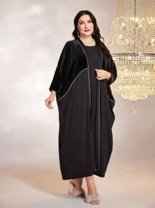 Al Najma 大碼拼接滾邊蝙蝠袖阿拉伯罩袍 - 黑色 - 查看 3