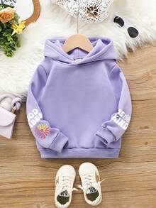 SHEIN 女童花卉标语图案保暖内衬卫衣 - 紫色 - 查看 2