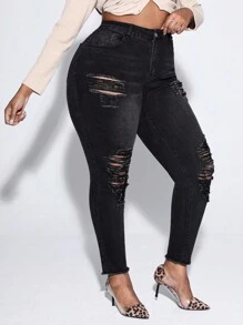 SHEIN SXY Hơn Cao eo Rách Cắt Thô Quần jean ôm - màu đen - Xem 1