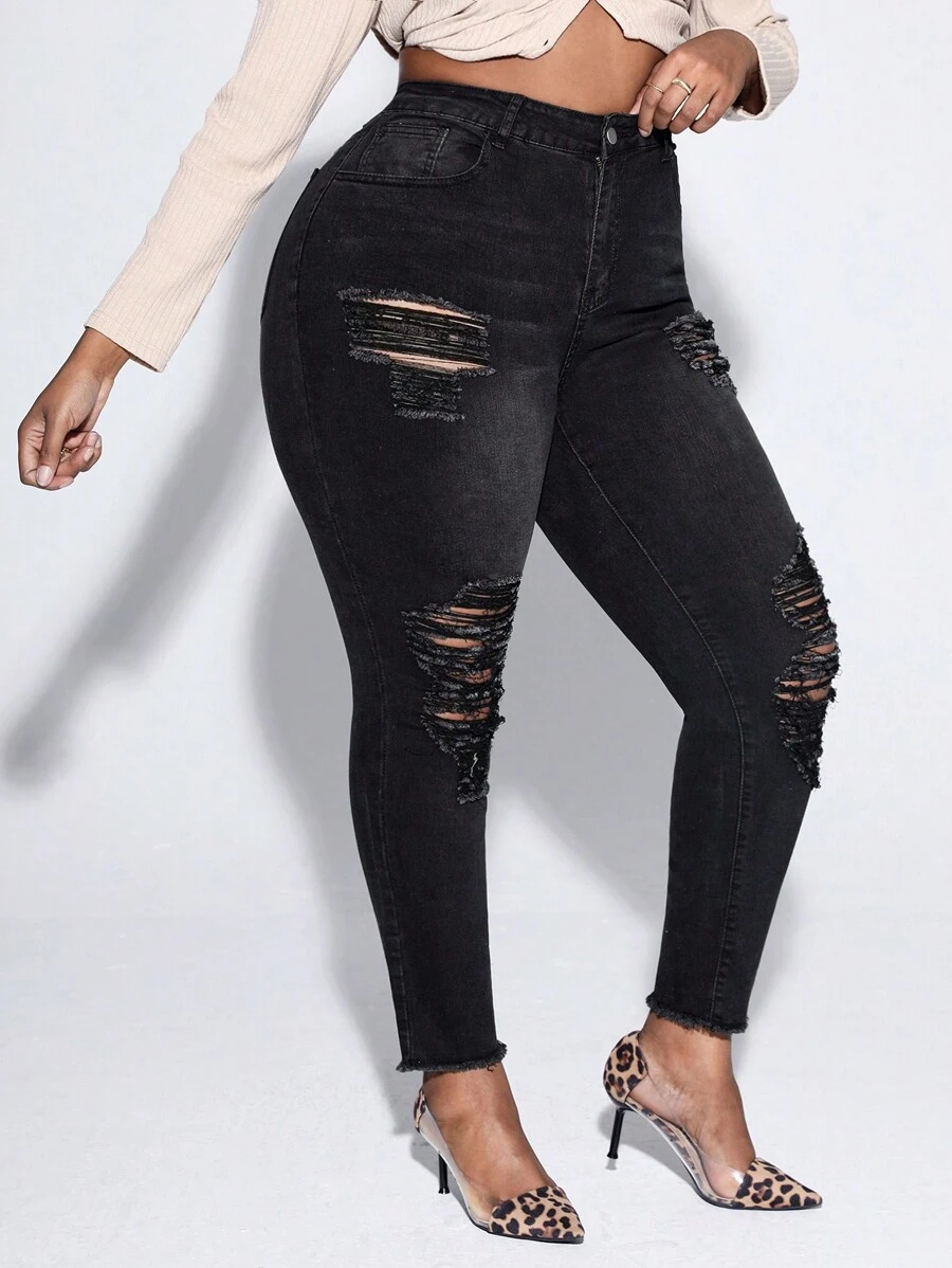 SHEIN SXY Hơn Cao eo Rách Cắt Thô Quần jean ôm - màu đen - Xem 1