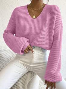 Chiquease V Neck Drop Shoulder Ribbed Knit Pullover Fall Winter Sweater - Pink - View 1