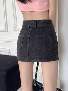 素色腰帶迷你牛仔半身裙 - 黑色 - 查看 2