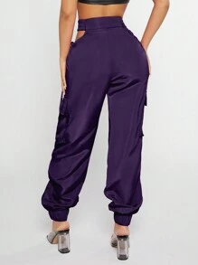 SHEIN SXY 腰部鏤空翻蓋口袋工裝褲 - 紫色 - 查看 2