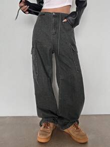 DAZY Flap Pocket Side Cargo Jeans - Grey - View 4