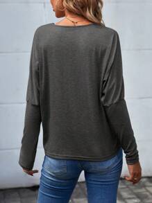 SHEIN LUNE 对比色凸纹蕾丝蝙蝠袖 T 恤图案 T 恤女式上衣 - 深灰色 - 查看 2