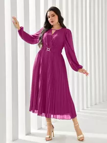 Modelyn Plus Keyhole Neckline Lantern Sleeve Belted Dress - Red Violet - View 1