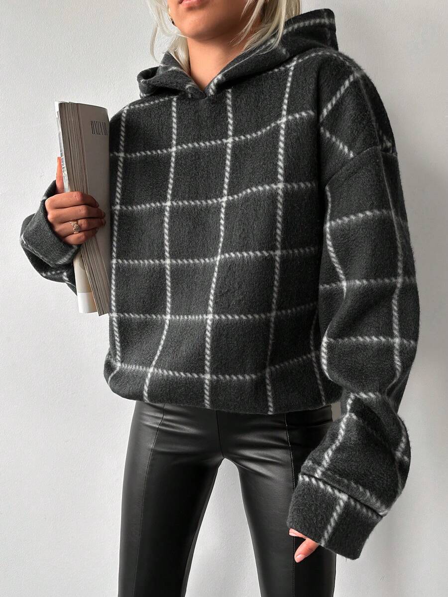 RueChic Plaid Print Drop Shoulder Hoodie - Dark Grey - View 1
