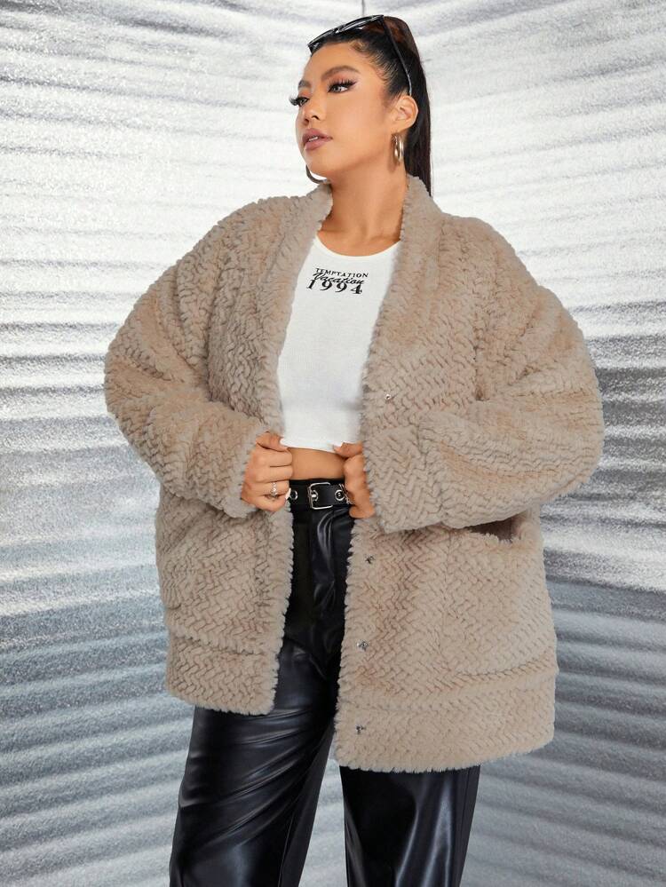 Plus Size Women Faux Fur Collar Long Sleeve Pocket Casual Coat