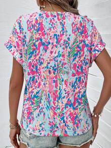 SHEIN LUNE Allover Print Batwing Sleeve Tee - Blue - View 2