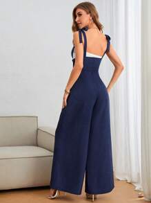 SHEIN Privé 雙排釦闊腿亞麻效果背帶連體褲 - 藏蓝色 - 查看 2