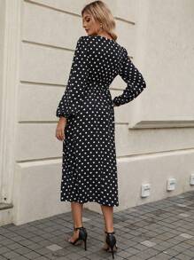 SHEIN Clasi In vết tròn Polka Tay áo lồng đèn Váy có thắt lưng - Đen và trắng - Xem 2