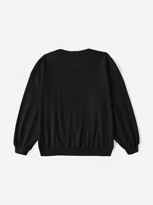 SHEIN EZwear 太陽&字母圖案落肩袖運動衫 - 黑色 - 查看 2