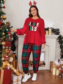 SHEIN LUNE Plus Slogan Graphic Drop Shoulder Sweatshirt & Plaid Print Sweatpants - Multicolor - View 5