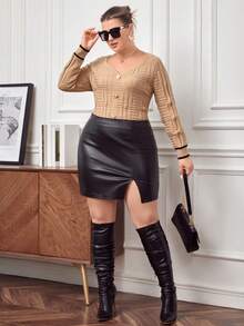 SHEIN Privé Plus Button Front Contrast Trim Sweater - Khaki - View 6